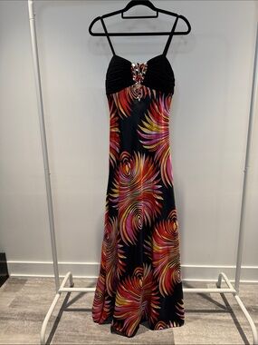 Black Spaghetti-Strap Maxi Dress with Pink & Gold Swirl Print